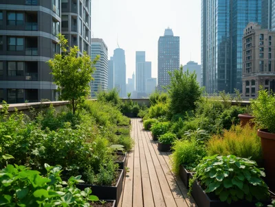 Urban Rooftop Garden With Wooden Walkway