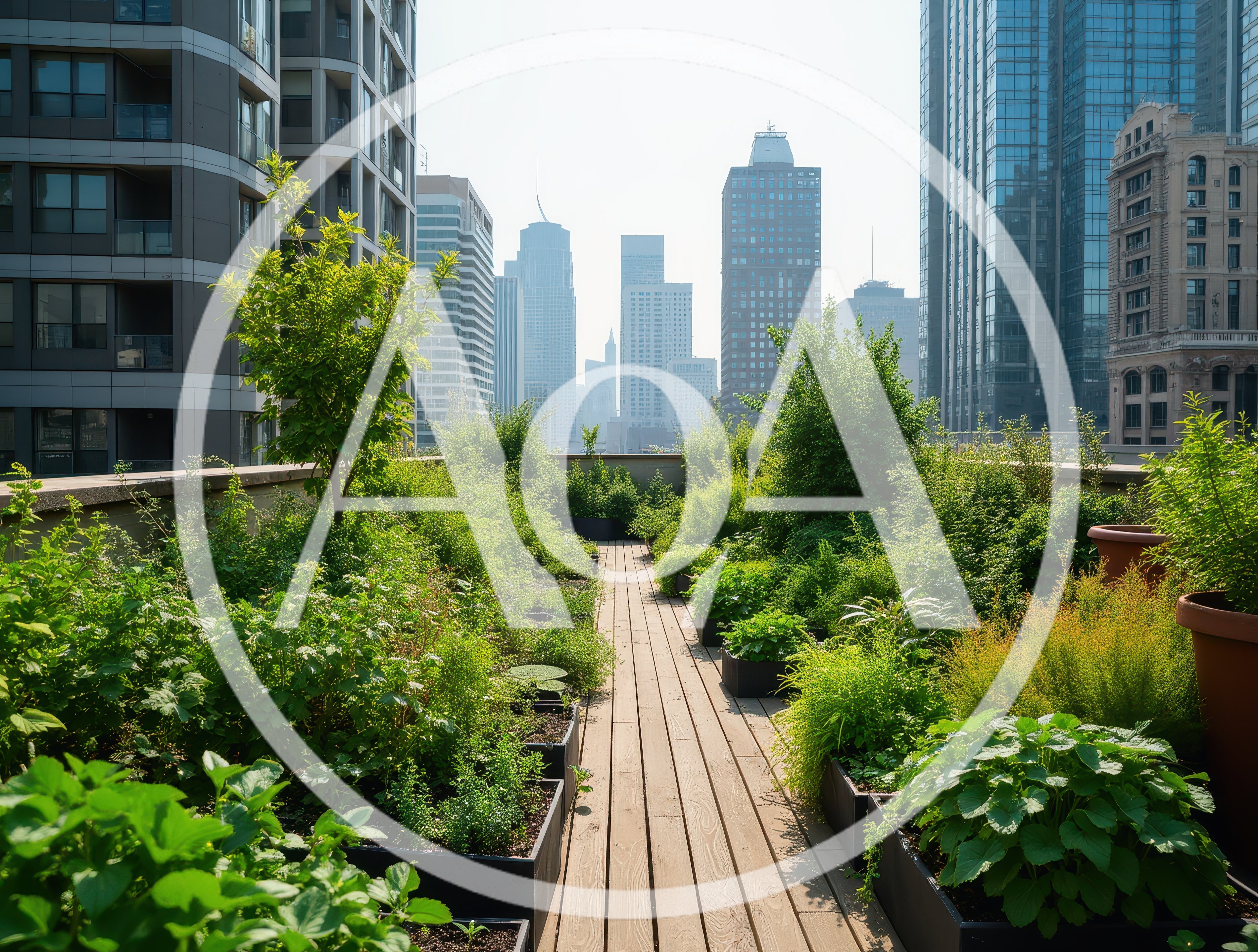 Urban Rooftop Garden With Wooden Walkway
