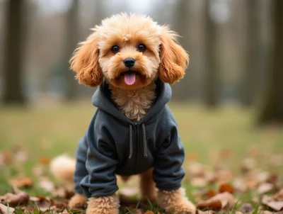 Adorable Fluffy Puppy Wearing A Grey Hoodie Outside