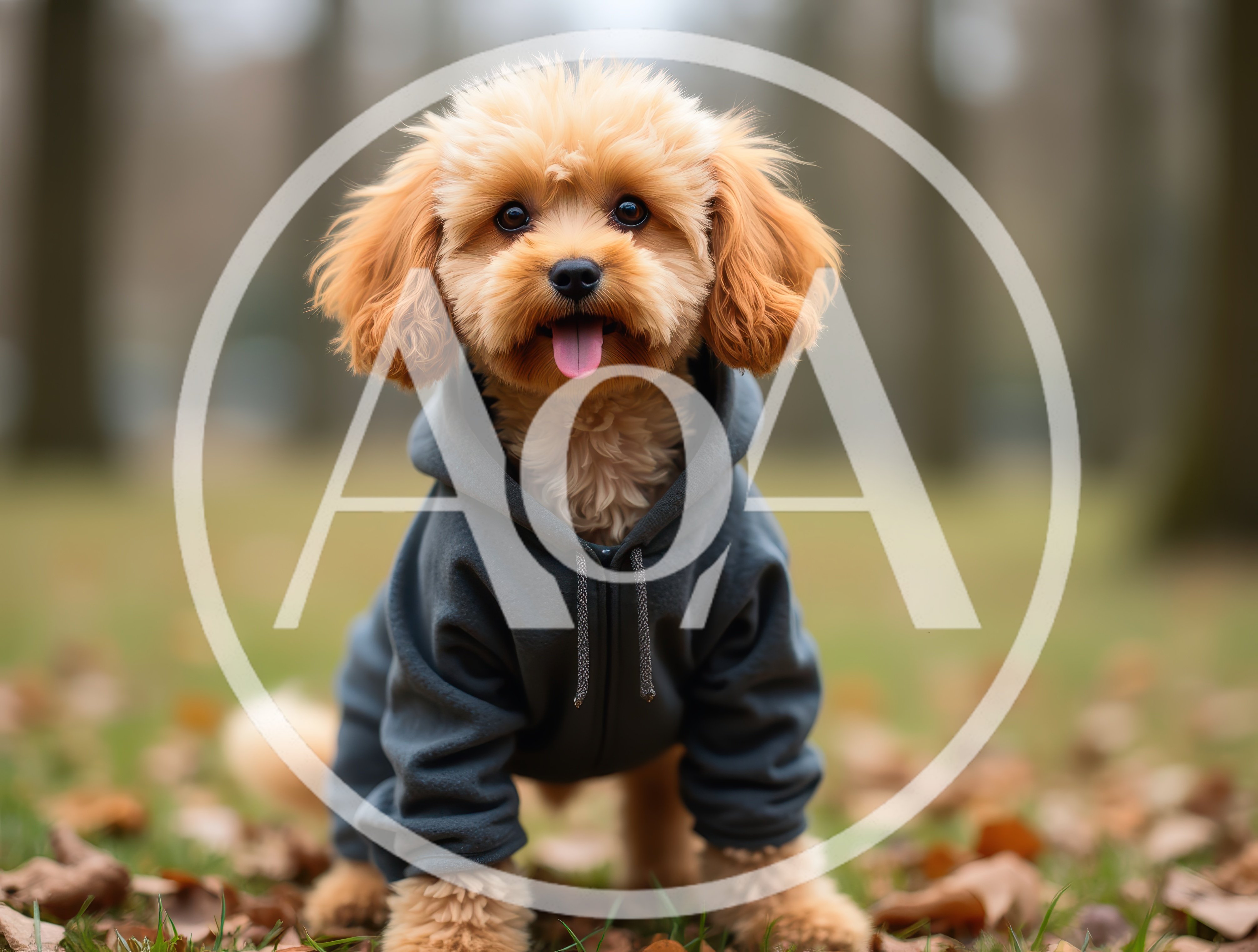 Adorable Fluffy Puppy Wearing A Grey Hoodie Outside