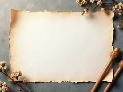 Blank Parchment Paper With Dried Flowers And Wooden Tools