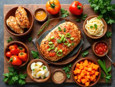 Top View Of A Gourmet Meal Spread On Wooden Board