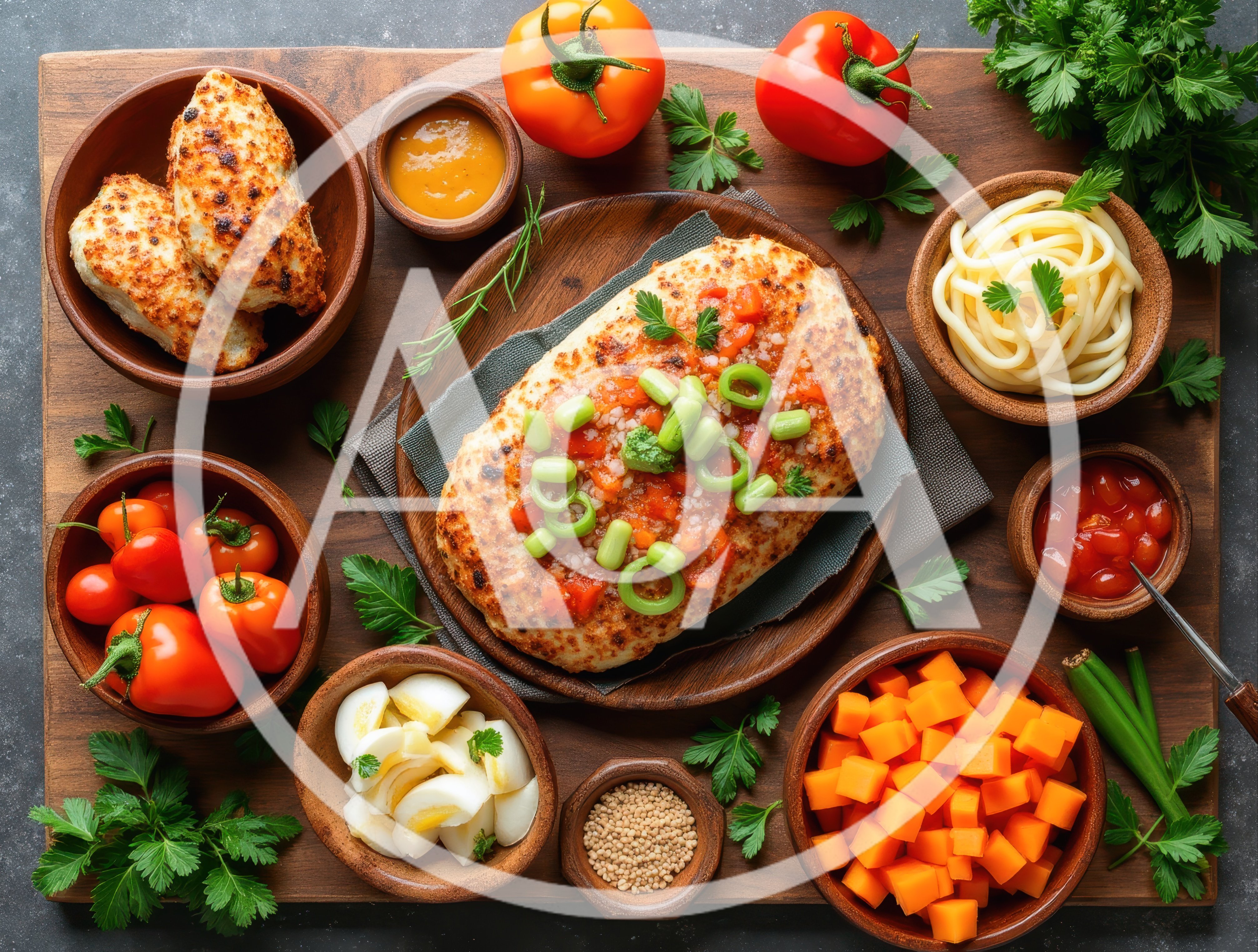 Top View Of A Gourmet Meal Spread On Wooden Board