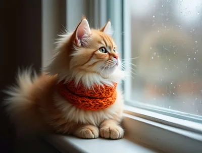 Fluffy Ginger Cat Wearing Orange Scarf By Window