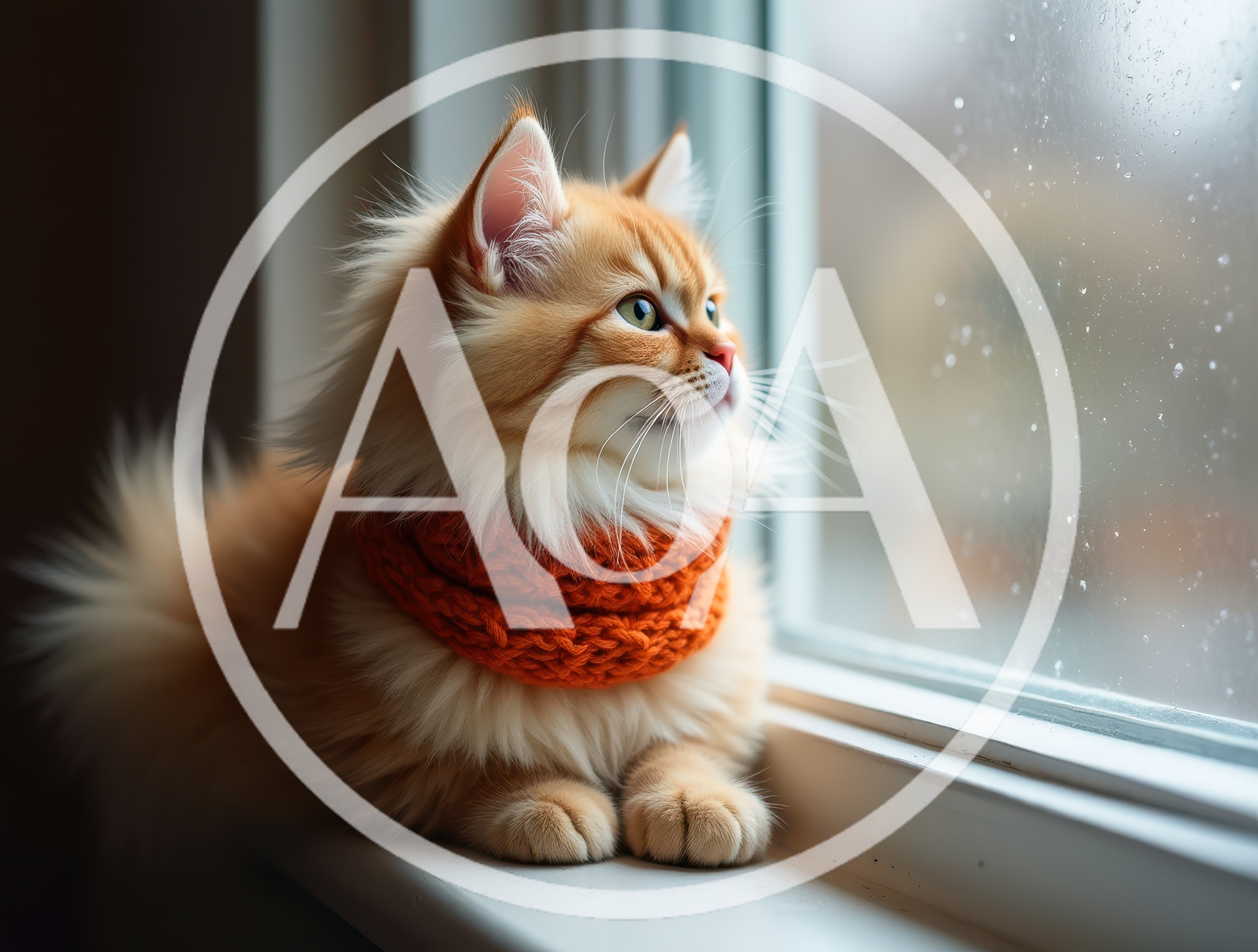 Fluffy Ginger Cat Wearing Orange Scarf By Window