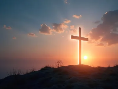 Glowing Christian Cross Standing On A Rocky Hilltop