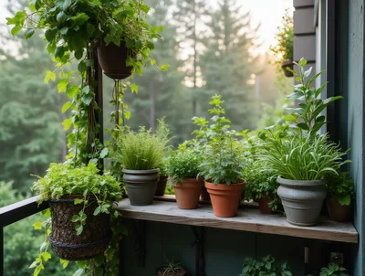 Potted Plants On A Balcony Overlooking A Forest