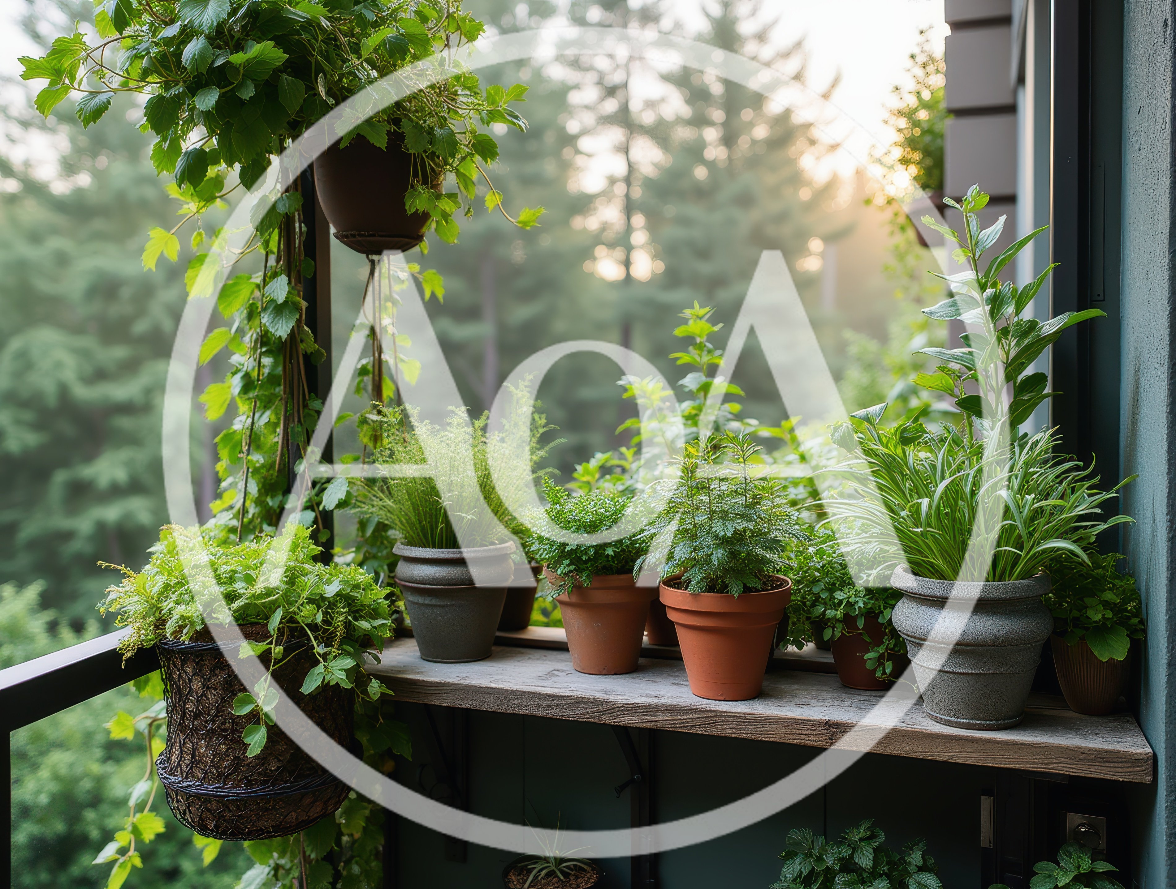 Potted Plants On A Balcony Overlooking A Forest