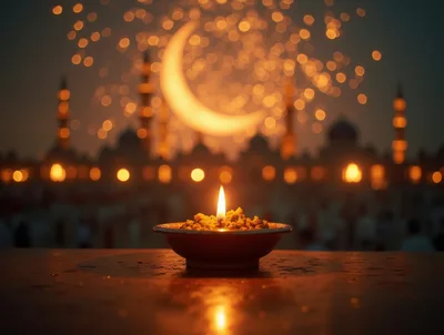 Lit Oil Lamp Before Blurred Mosque Silhouette