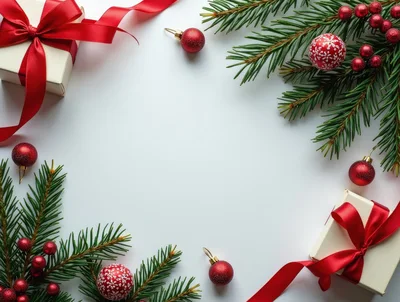Christmas Flat Lay With Gifts And Pine Branches