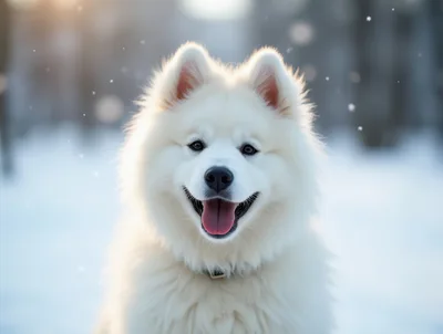Portrait Of A Happy White Samoyed Dog In Winter