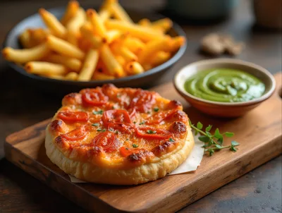 Small Tomato Pizza With Fries And Green Sauce