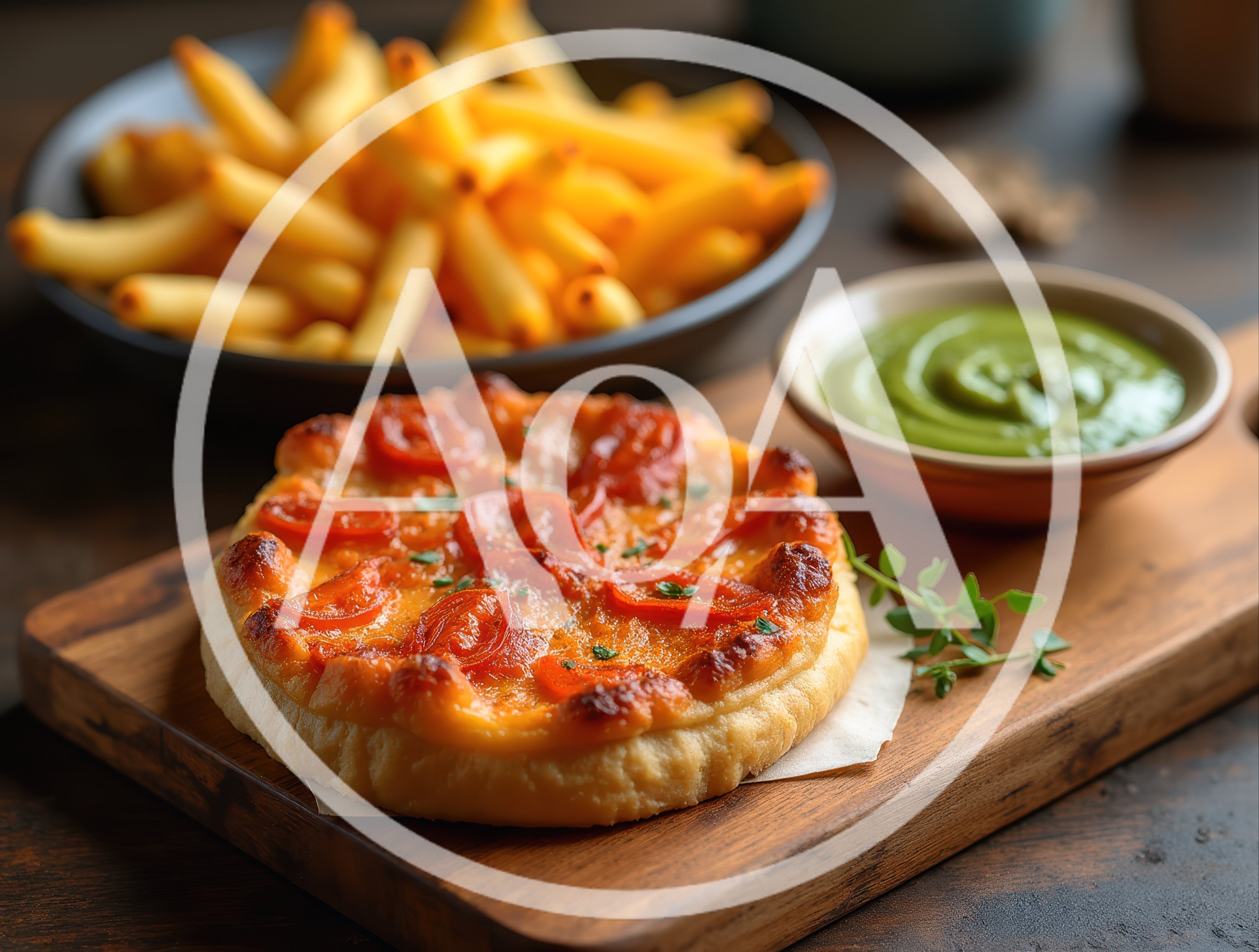 Small Tomato Pizza With Fries And Green Sauce