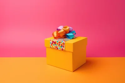 Yellow Gift Box With Colorful Ribbon