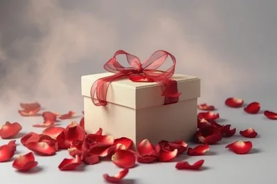Gift Box Surrounded By Red Rose Petals