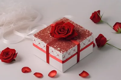 Gift Box With Red Rose And Petals