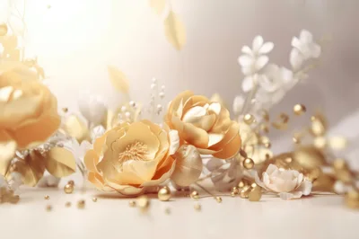 Elegant Gold And White Floral Arrangement With Pearls
