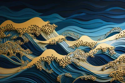 Layered Paper Cutout Style Ocean Wave Illustration