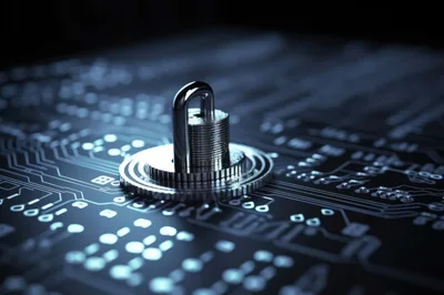 Metallic Padlock Resting On A Digital Circuit Board