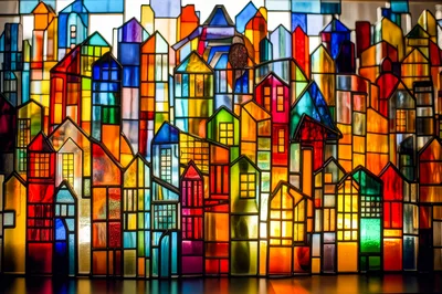 Stained Glass Cityscape Art Piece