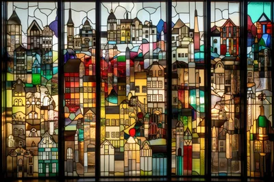 Stained Glass Window Depicting A Colorful European Cityscape