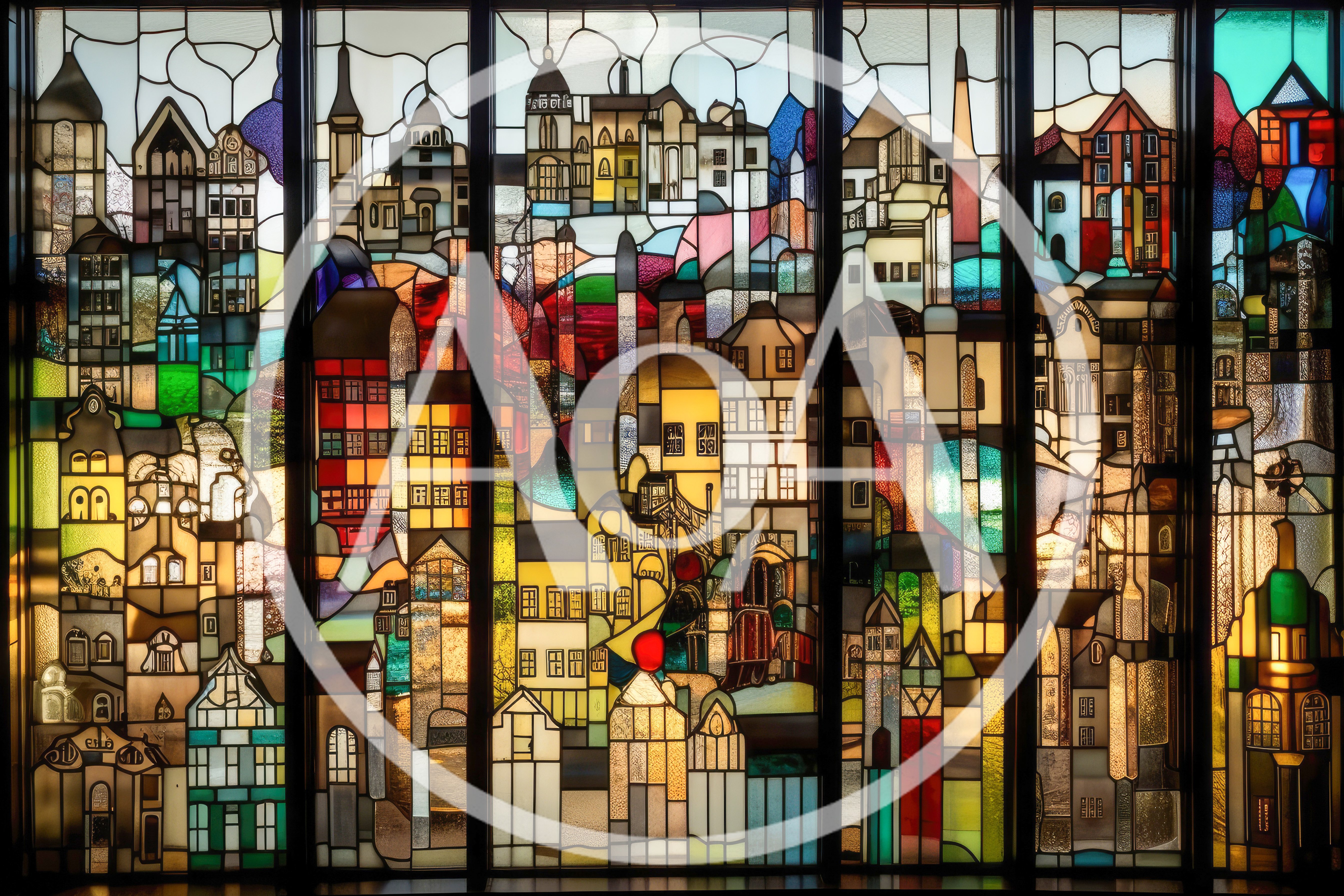 Stained Glass Window Depicting A Colorful European Cityscape