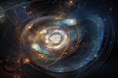 Abstract Cosmic Orrery With Glowing Celestial Orbs