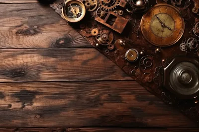 Steampunk Clockwork Mechanism on Rustic Wooden Background
