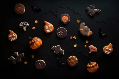Halloween Themed Cookies And Decorations On Black Background