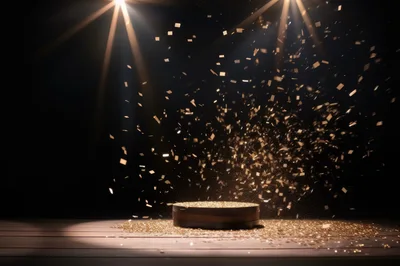 Empty Circular Podium With Falling Gold Confetti