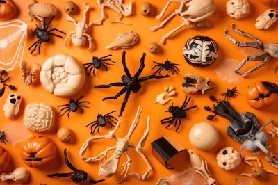 Halloween Decorations Flat Lay on Orange Background