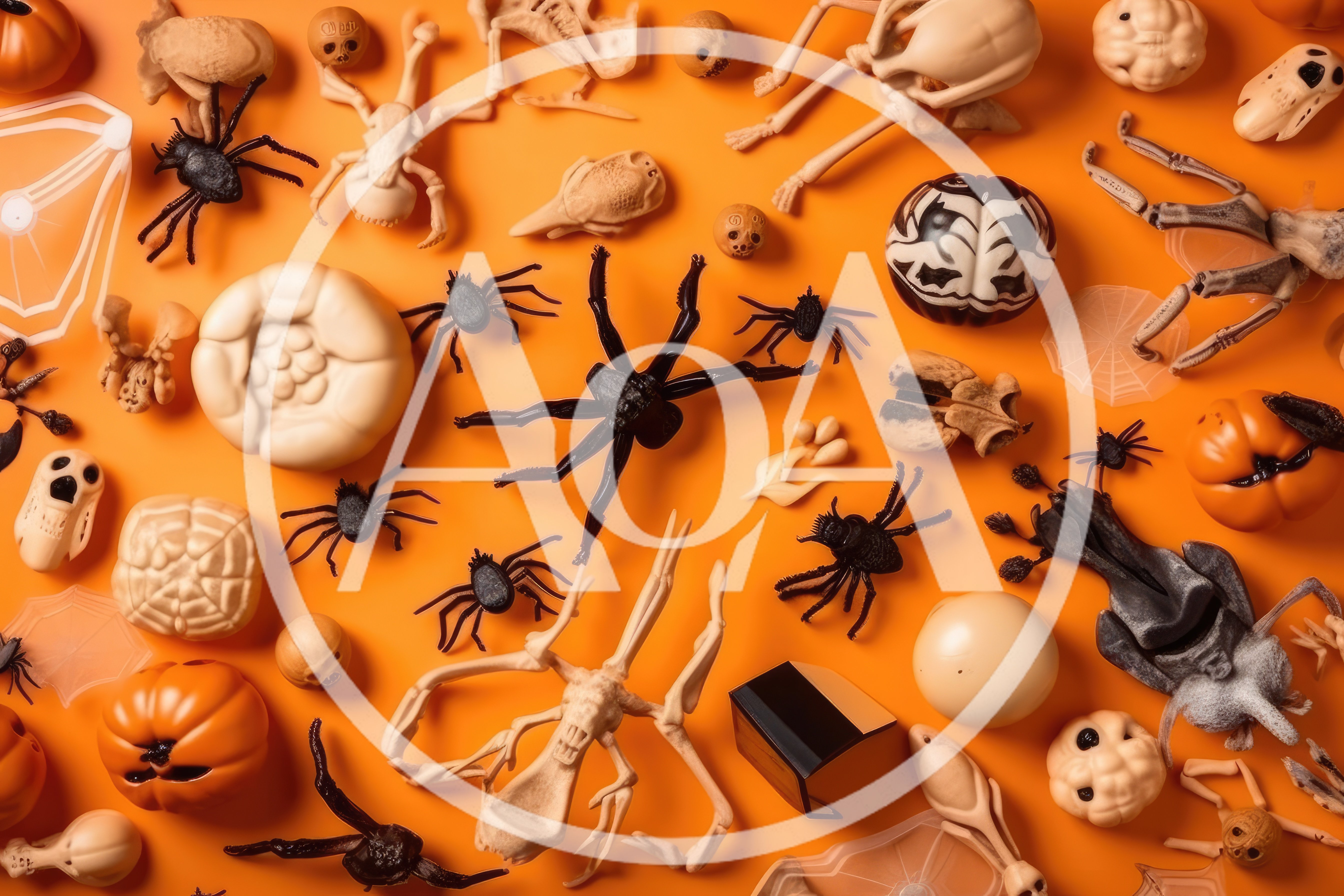 Halloween Decorations Flat Lay on Orange Background