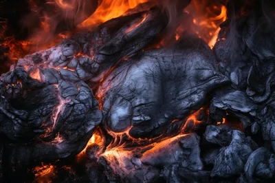 Glowing Embers And Burning Charcoal In A Fireplace