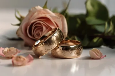 Two Engraved Gold Wedding Rings With Pink Rose