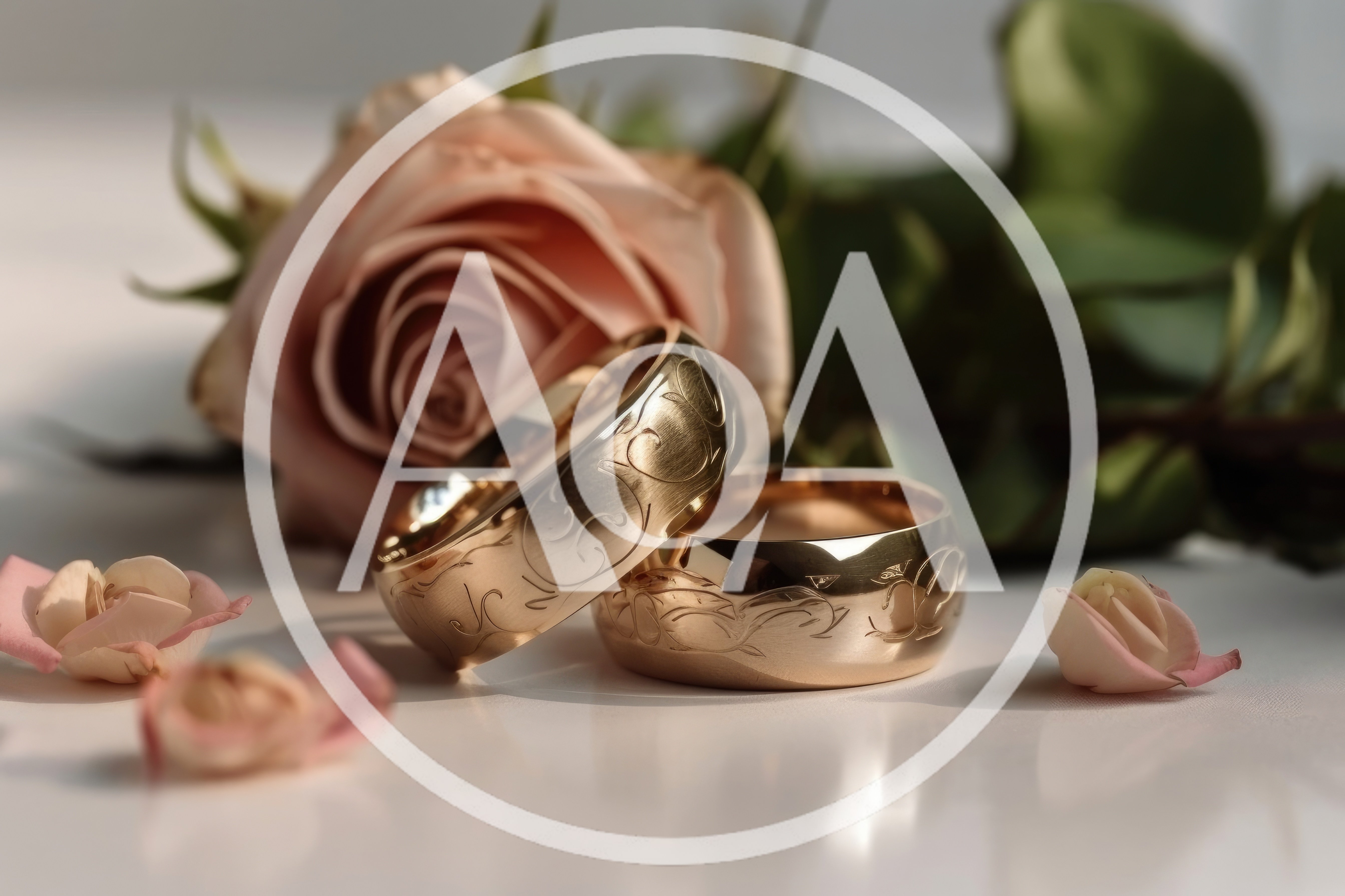 Two Engraved Gold Wedding Rings With Pink Rose