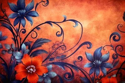 Floral Pattern With Blue Flowers And Orange Background