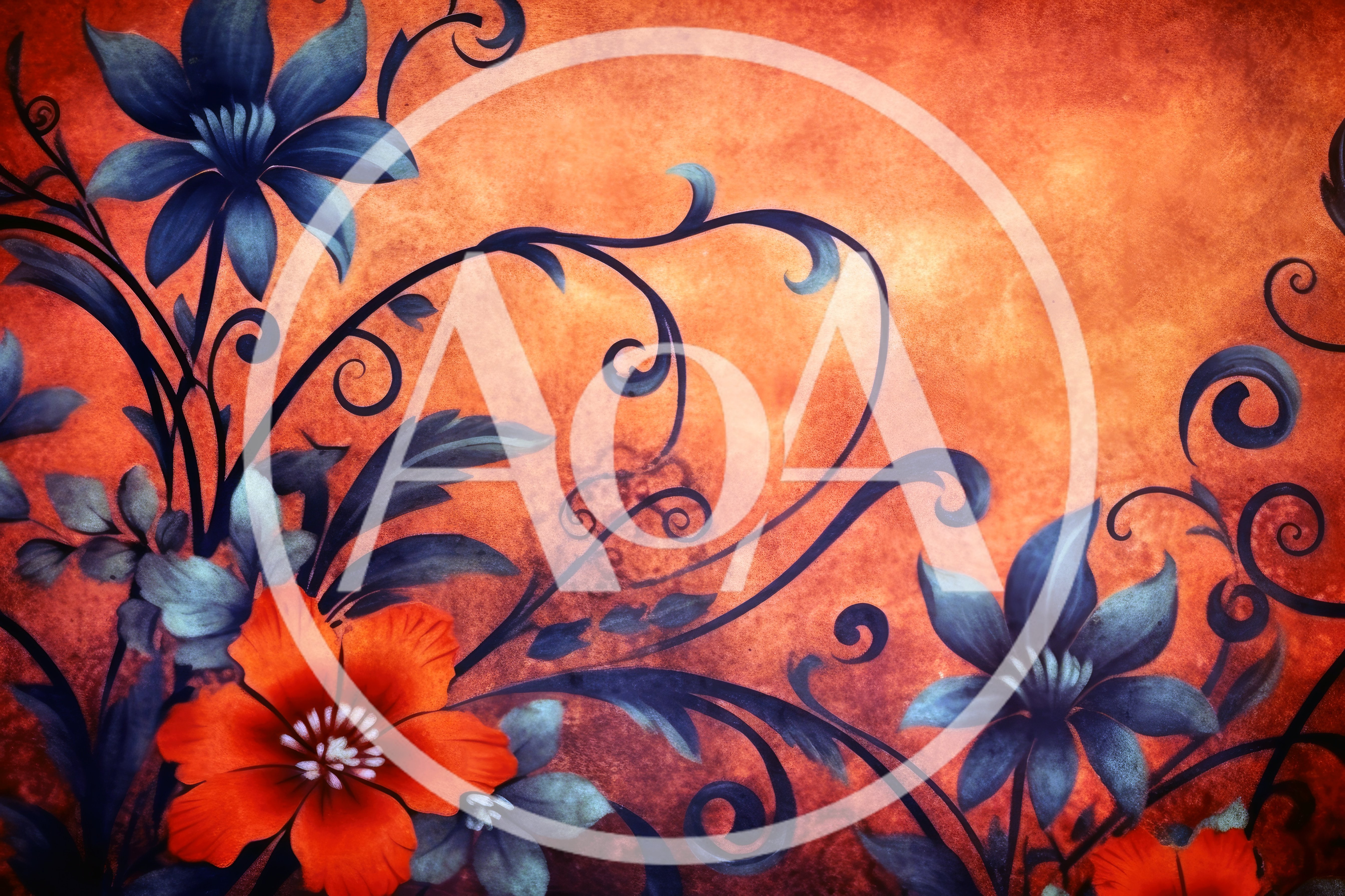 Floral Pattern With Blue Flowers And Orange Background