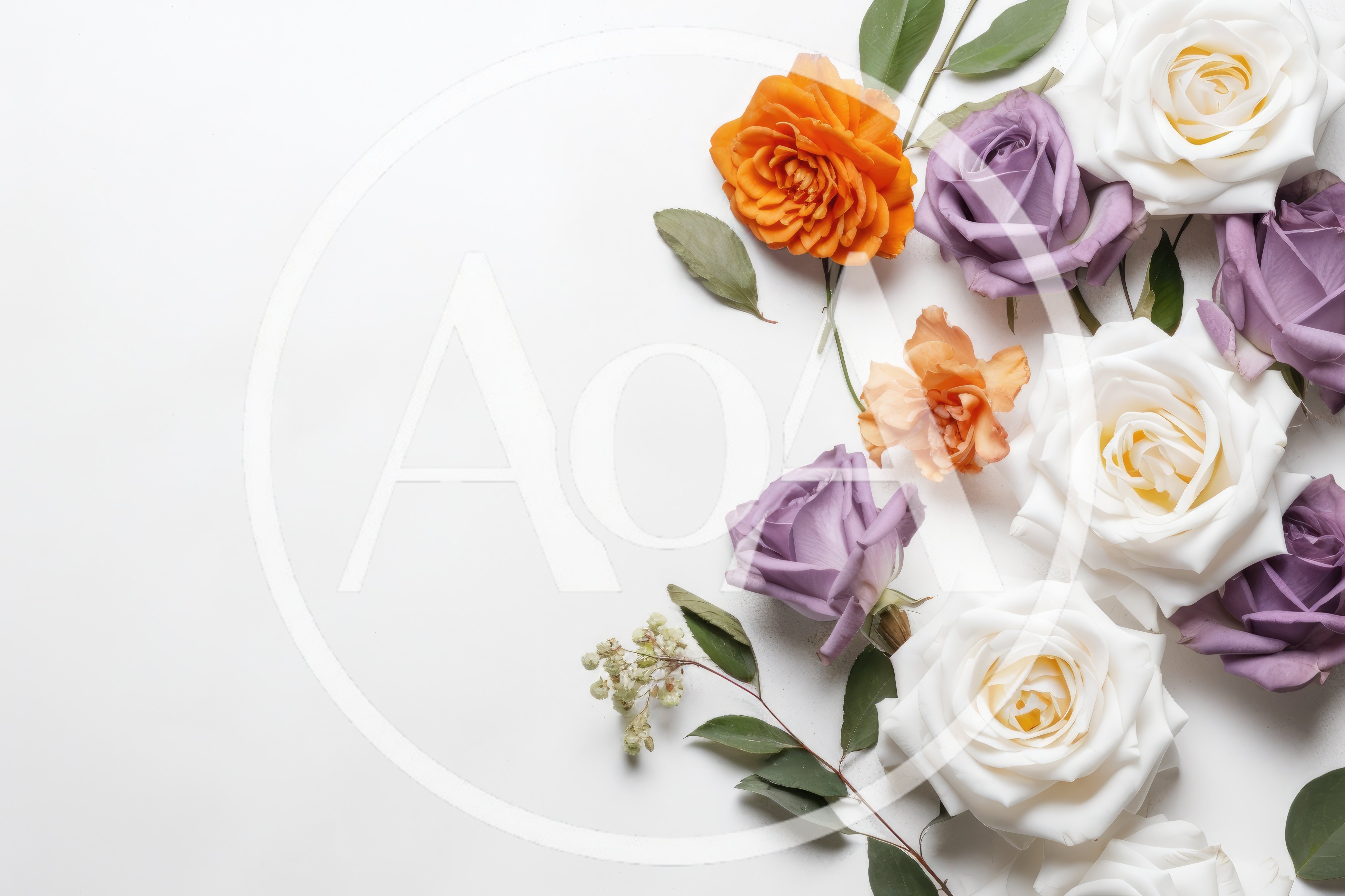 Assorted Roses and Greenery on White Background