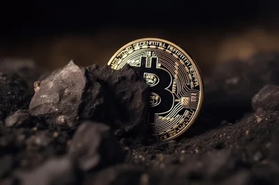 Bitcoin Coin Partially Buried In Dark Coal