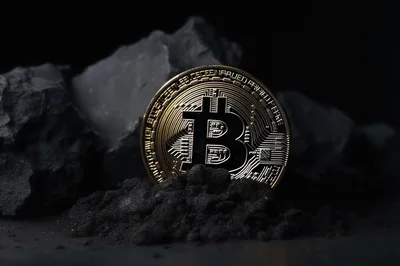 Gold Bitcoin Coin Resting In Black Coal Dust