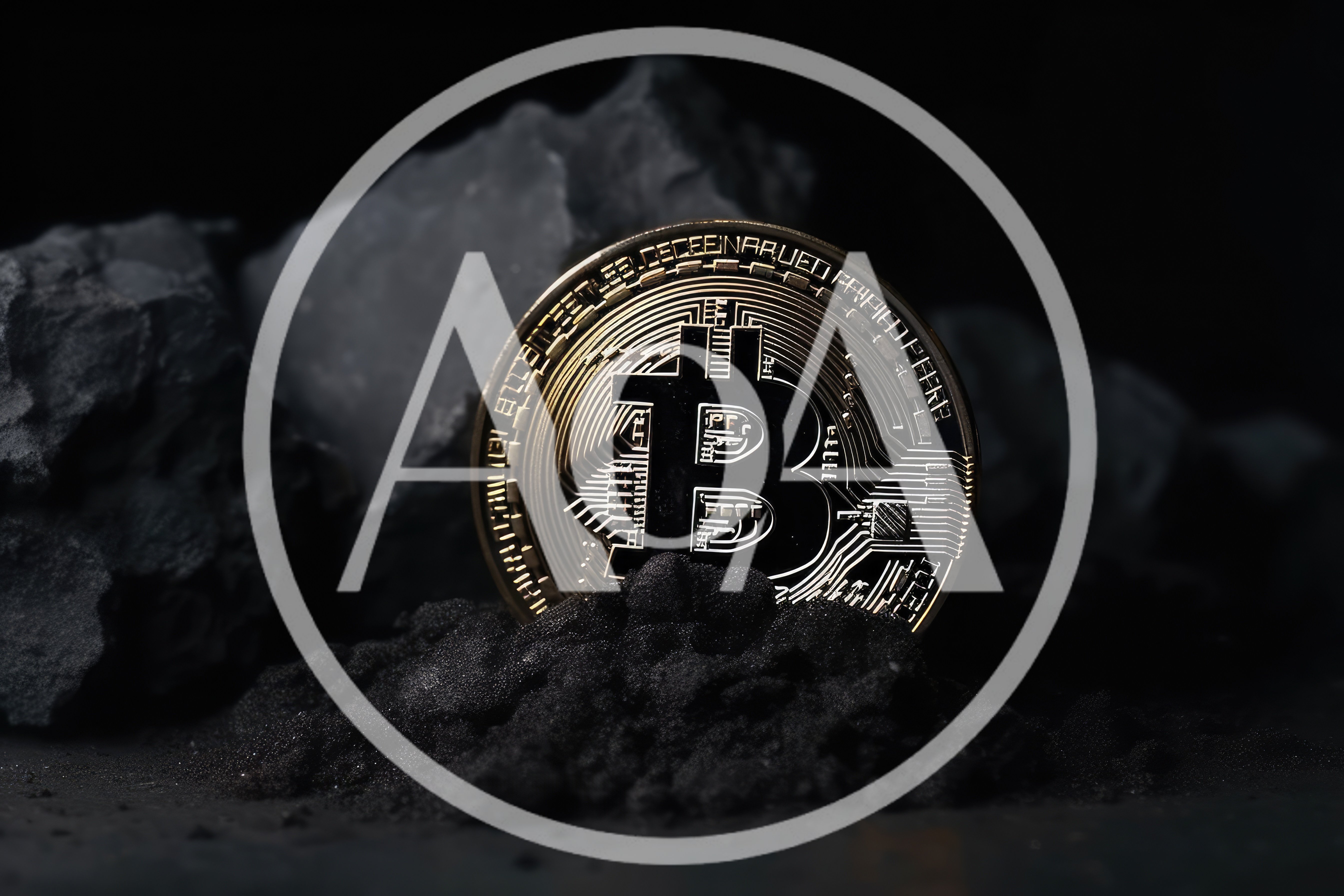 Gold Bitcoin Coin Resting In Black Coal Dust