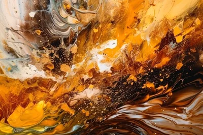 Abstract Fluid Acrylic Painting With Gold And Brown Swirls