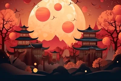 Traditional Asian Pagodas Under A Surreal Red Moon