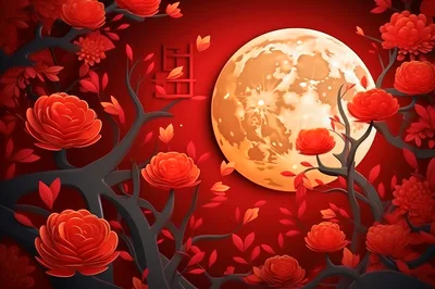 Paper Cut Style Red Flowers And Full Moon