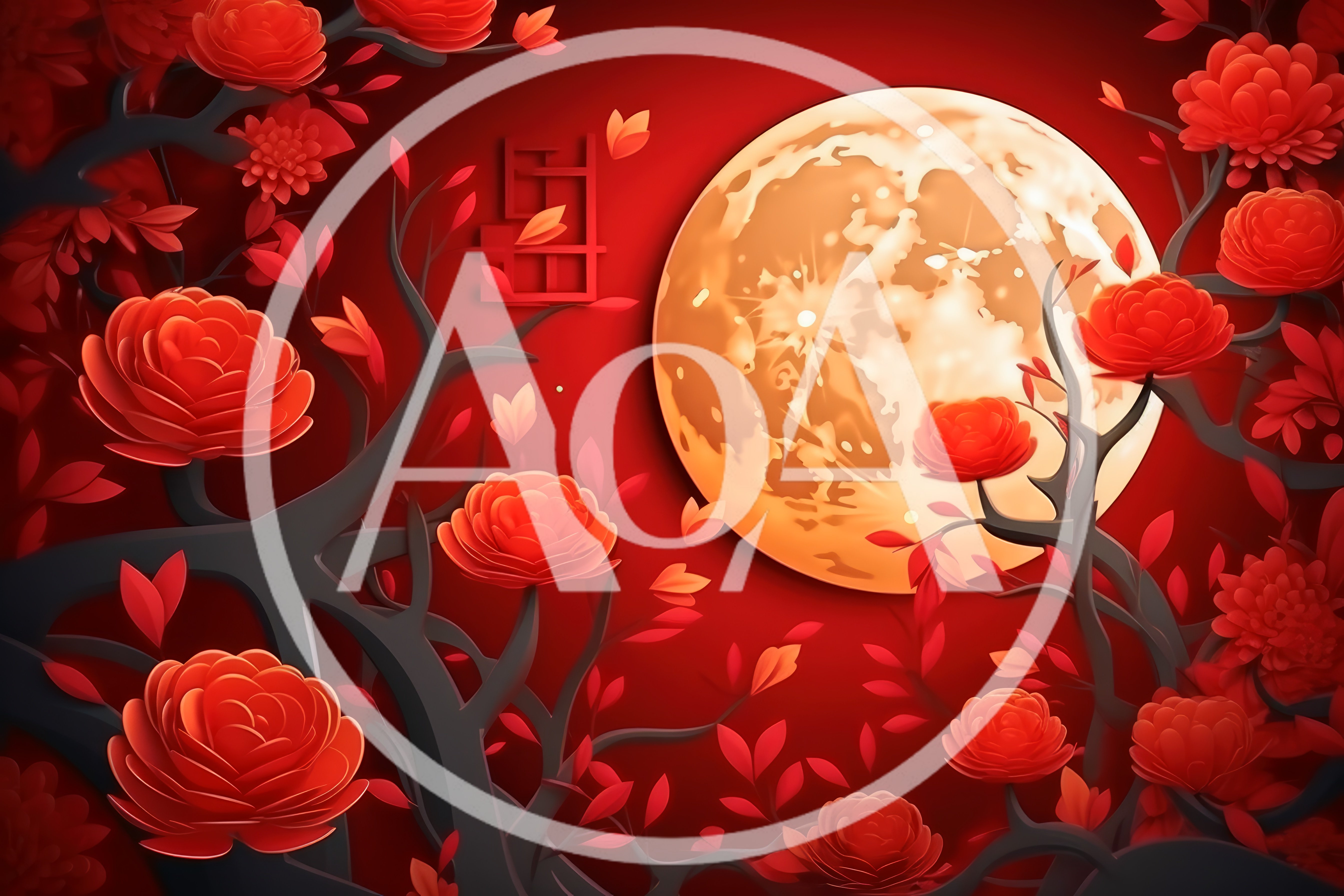 Paper Cut Style Red Flowers And Full Moon