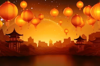 Traditional Chinese Lanterns Floating Over Ancient Cityscape