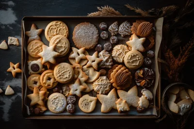 Assorted Christmas Cookies On A Baking Sheet