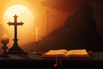 Open Bible With Crosses And Candles At Sunset