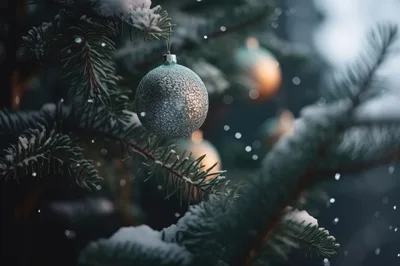 Silver Christmas Ornament Hanging On Snowy Pine Branch