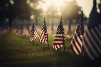 American Flags Placed In A Cemetery At Sunset